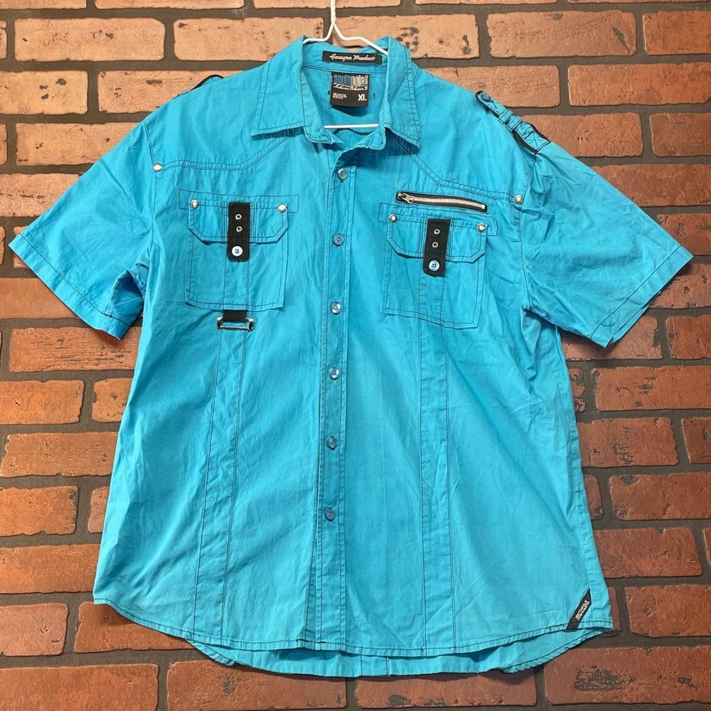 South Pole‎ Men's XL Vintage Y2K Punk Style Blue Streetwear Button Up Shirt